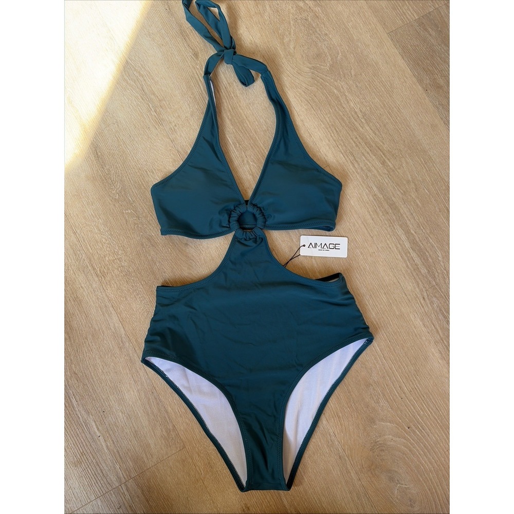 NWT‎ Teal Cutout One Piece Swimsuit Halter Tie Ring Front High Cut Sexy Small